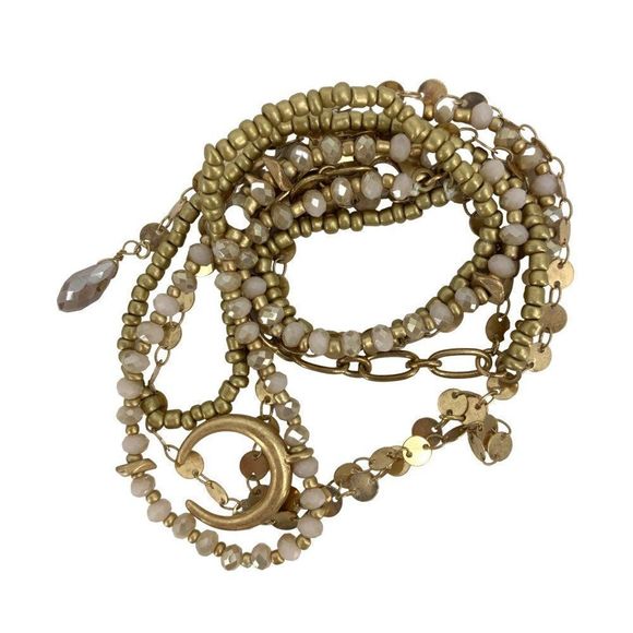 Crescent Moon Horn Multistrand Y Necklace Gold Boho Stamped Metal 2499 EUC - Picture 9 of 10